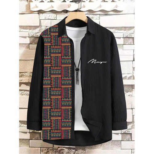 Mens Ethnic Geometric Print Patchwork Texture Long Sleeve Shirts