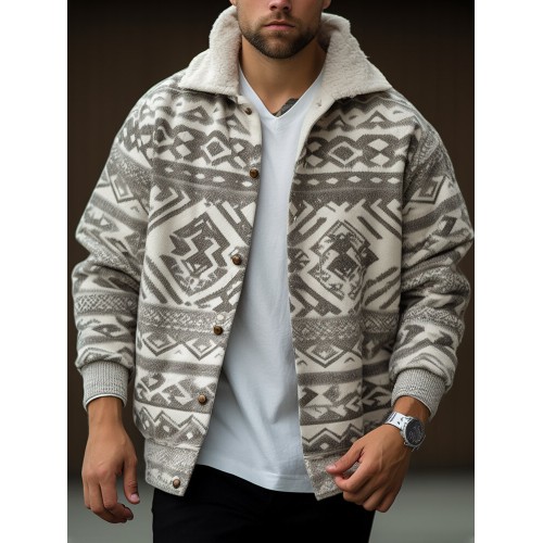 Mens Ethnic Geometric Print Plush Collar Loose Jacket