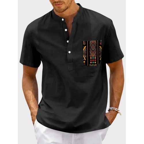 Mens Ethnic Geometric Print Stand Collar Short Sleeve Henley Shirts