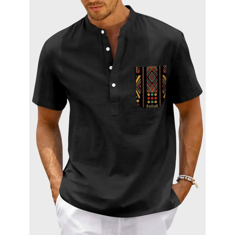 Mens Ethnic Geometric Print Stand Collar Short Sleeve Henley Shirts