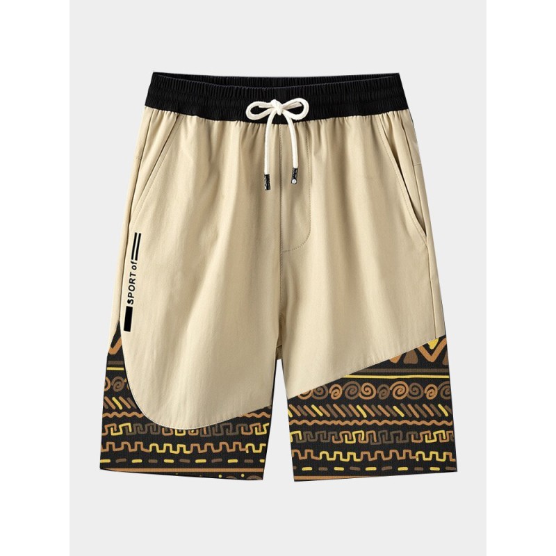 Mens Ethnic Geometric Print Stitching Drawstring Waist Shorts