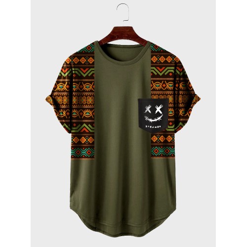 Mens Ethnic Geometric Smile Print Patchwork Curved Hem Short Sleeve T-Shirts