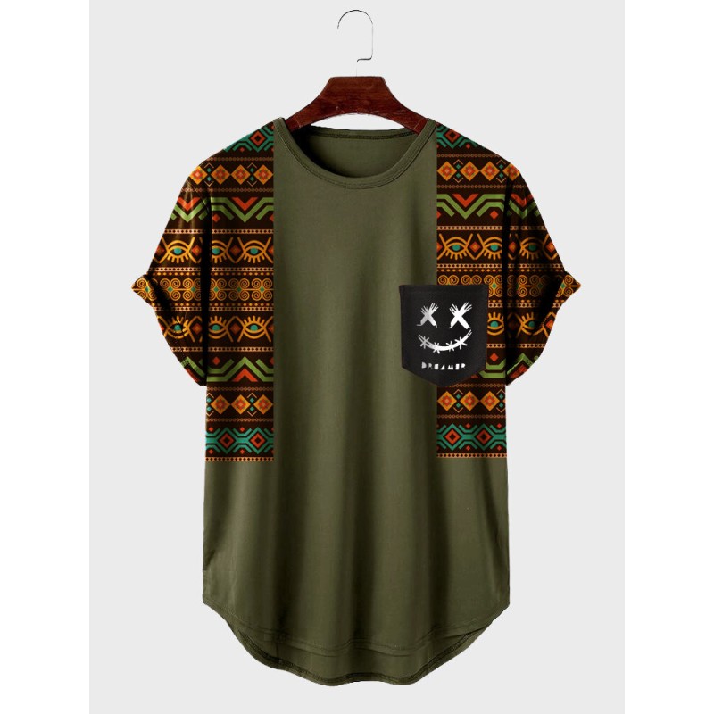 Mens Ethnic Geometric Smile Print Patchwork Curved Hem Short Sleeve T-Shirts