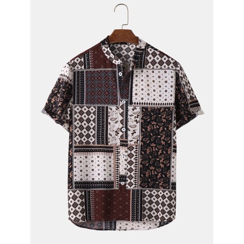 Mens Ethnic Paisley Floral Print Half Button Short Sleeve Henley Shirts