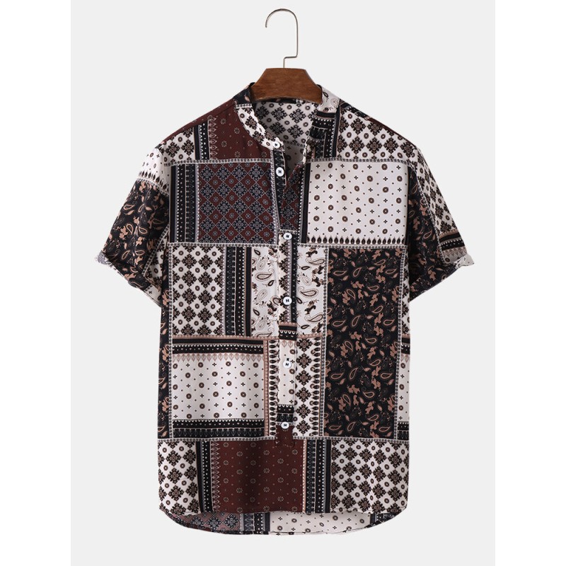 Mens Ethnic Paisley Floral Print Half Button Short Sleeve Henley Shirts