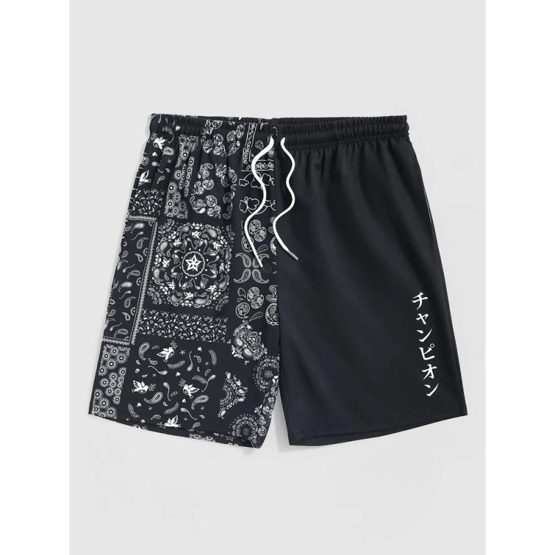 Mens Ethnic Paisley Japanese Print Patchwork Loose Shorts