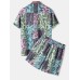 Mens Ethnic Paisley Print Color Block Revere Collar Two Pieces Outfits