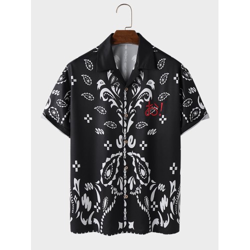 Mens Ethnic Paisley Print Embroidered Revere Collar Short Sleeve Shirts