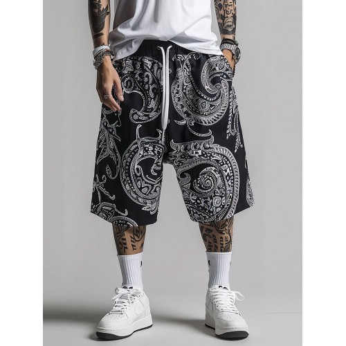 Mens Ethnic Paisley Print Side Pockets Drawstring Waist Shorts