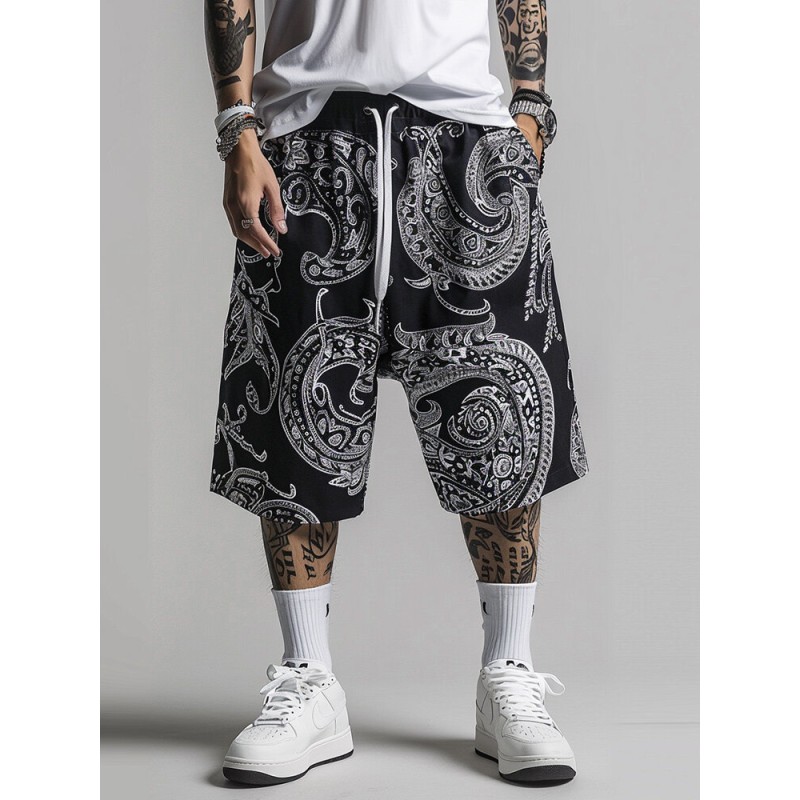 Mens Ethnic Paisley Print Side Pockets Drawstring Waist Shorts