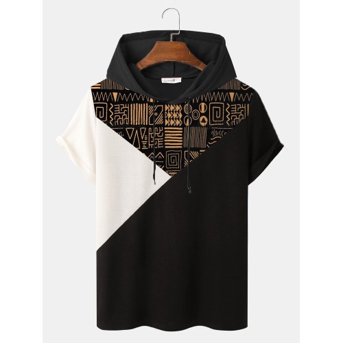 Mens Ethnic Patchwork Short Sleeve Hooded Drawstring T-shirts