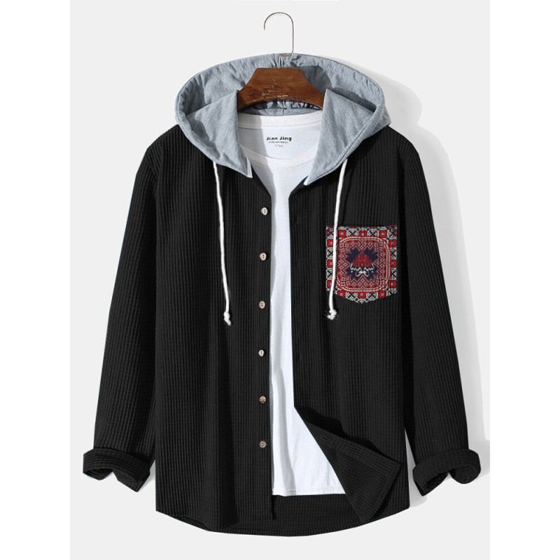 Mens Ethnic Pattern Chest Pocket Corduroy Contrast Hooded Shirts