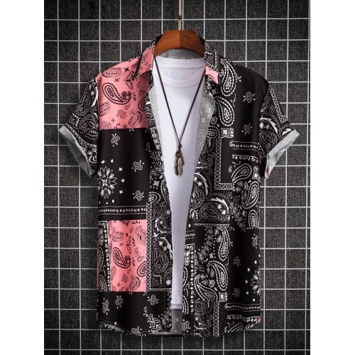 Mens Ethnic Pattern Lapel Collar Short Sleeve Shirts