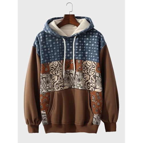 Mens Ethnic Pattern Patchwork Kangaroo Pocket Drawstring Hoodies