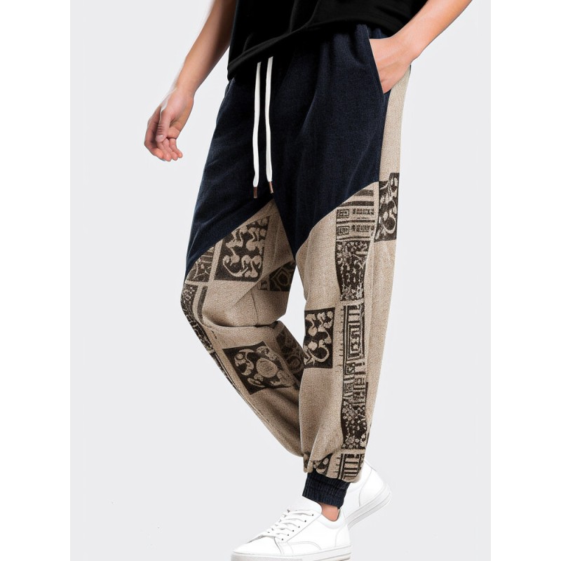 Mens Ethnic Pattern Patchwork Loose Drawstring Waist Pants