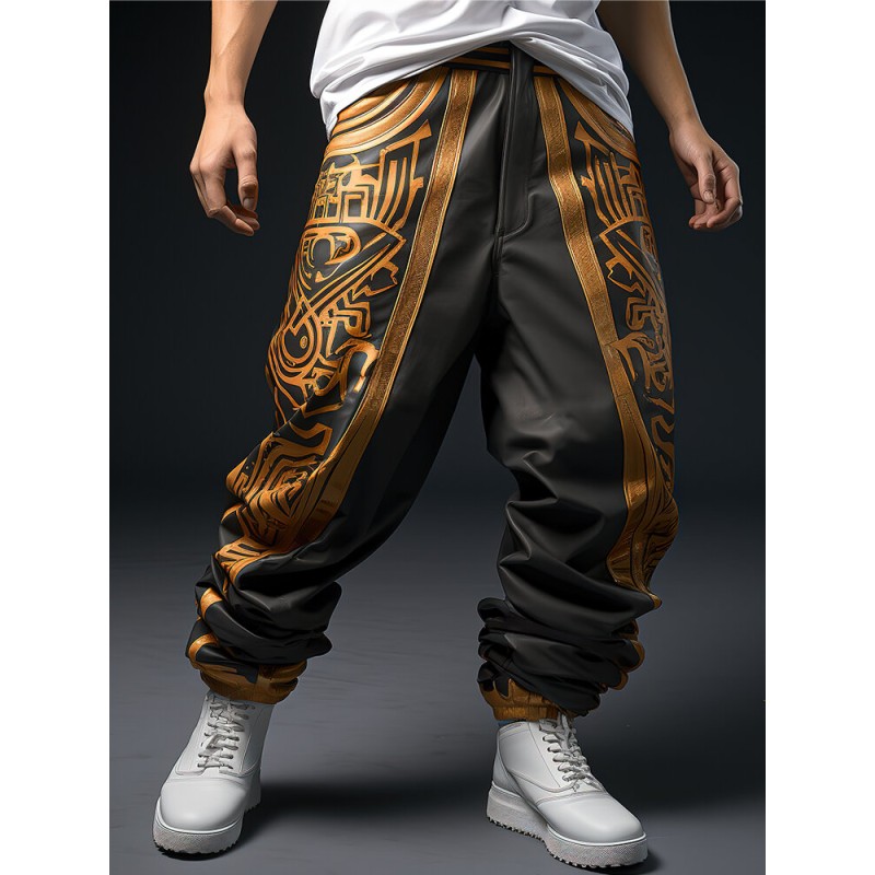 Mens Ethnic Pattern Print Patchwork Loose Pants With Pocket