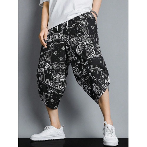 Mens Ethnic Pattern Side Pockets Drawstring Waist Cropped Pants