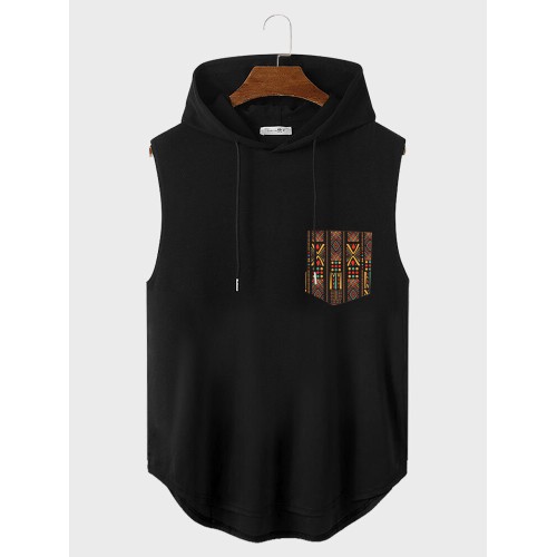 Mens Ethnic Pattern Sleeveless Hooded Tanks