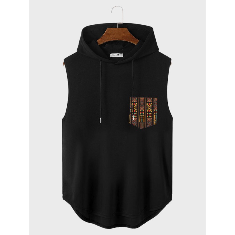 Mens Ethnic Pattern Sleeveless Hooded Tanks