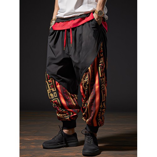 Mens Ethnic Print Contrast Patchwork Loose Drawstring Waist Pants