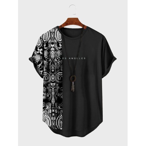 Mens Ethnic Print Patchwork Curved Hem Short Sleeve T-Shirts