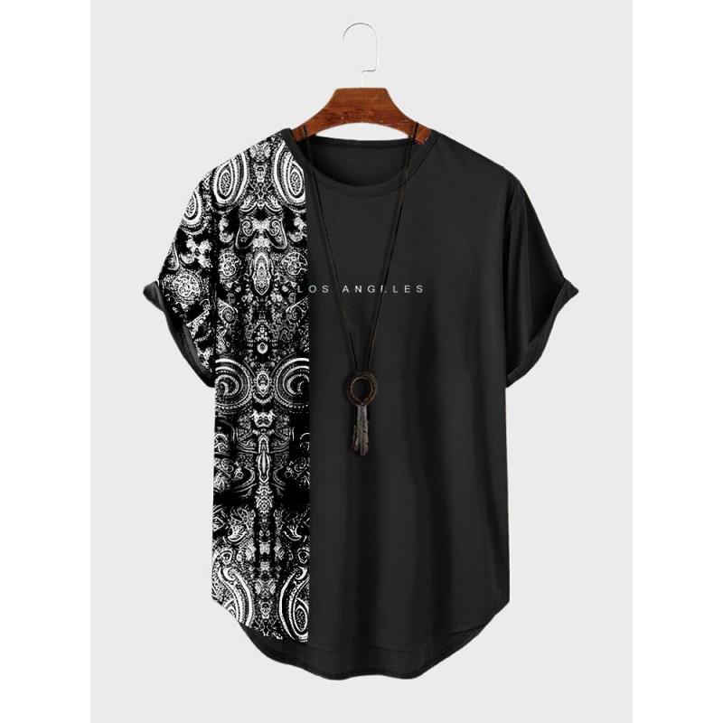 Mens Ethnic Print Patchwork Curved Hem Short Sleeve T-Shirts