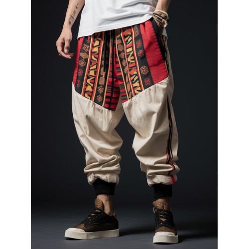 Mens Ethnic Print Patchwork Loose Drawstring Waist Pants