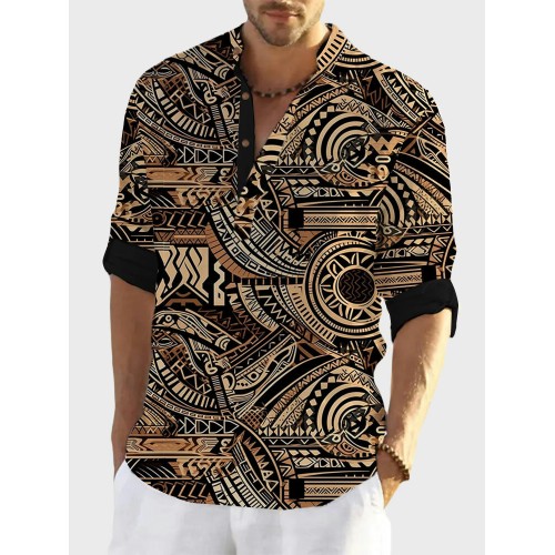 Mens Ethnic Totem Print Half Button Long Sleeve Henley Shirts