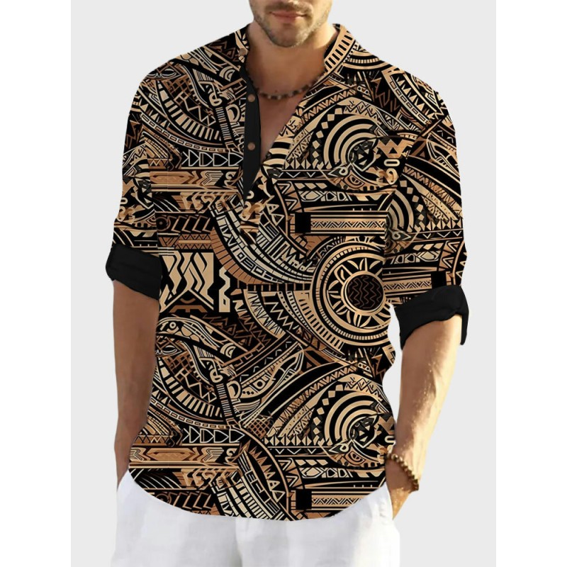 Mens Ethnic Totem Print Half Button Long Sleeve Henley Shirts