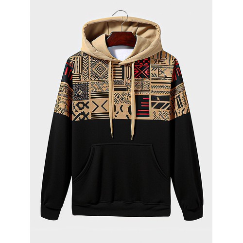 Mens Ethnic Tribal Geometric Print Patchwork Drawstring Hoodies