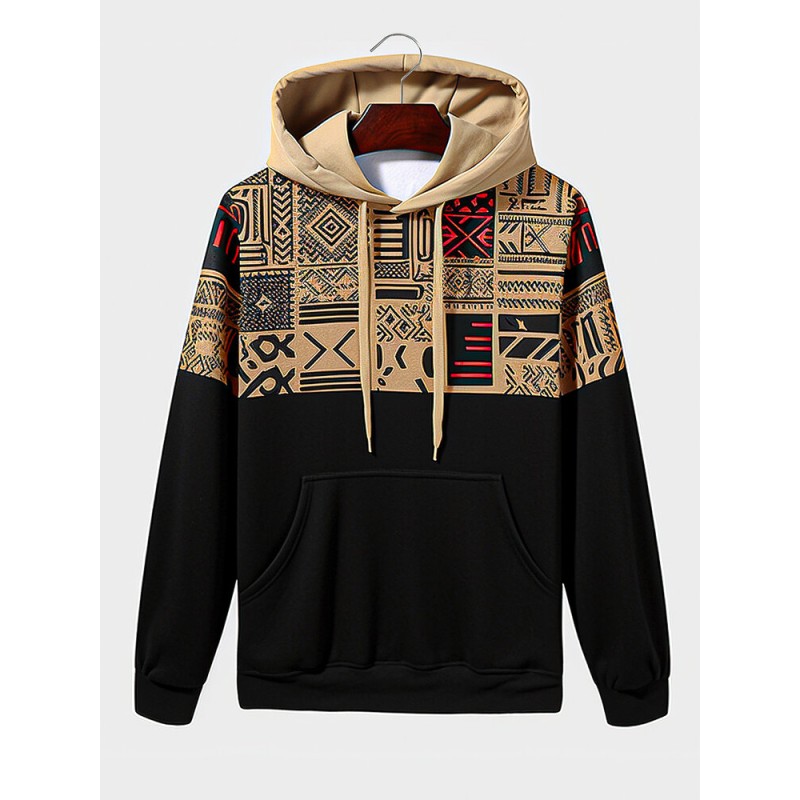 Mens Ethnic Tribal Geometric Print Patchwork Drawstring Hoodies