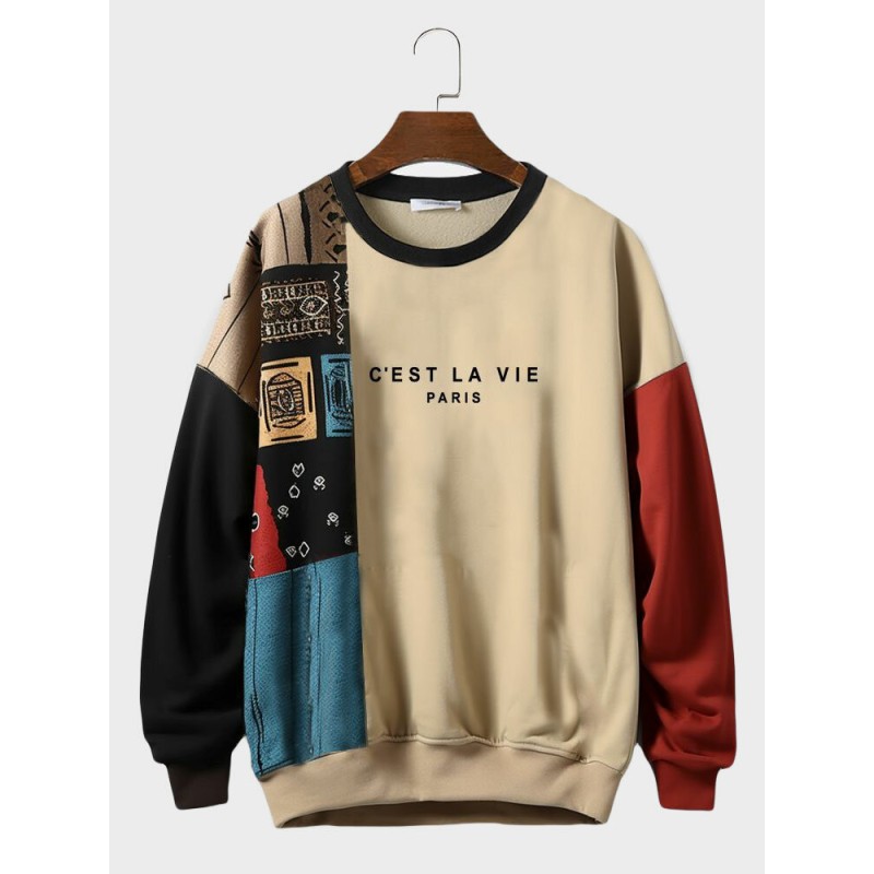 Mens Ethnic Tribal Letter Print Patchwork Crew Neck Pullover Sweatshirts