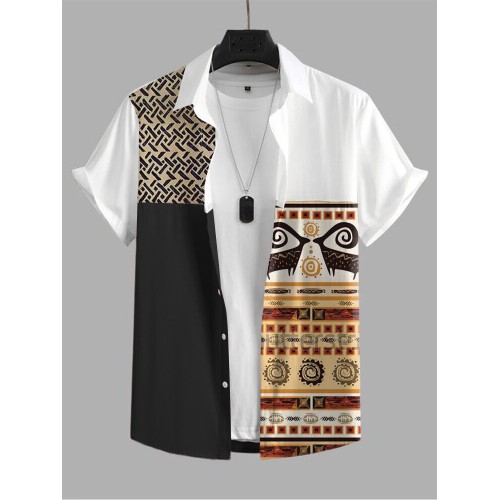 Mens Ethnic Tribal Print Patchwork Lapel Short Sleeve Shirts