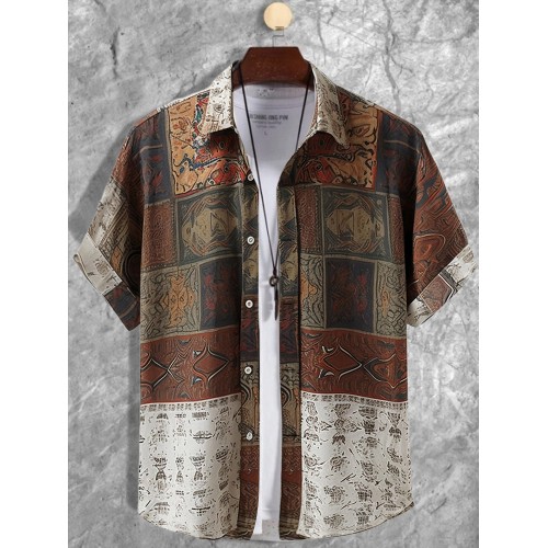 Mens Ethnic Tribal Totem Print Lapel Short Sleeve Shirts