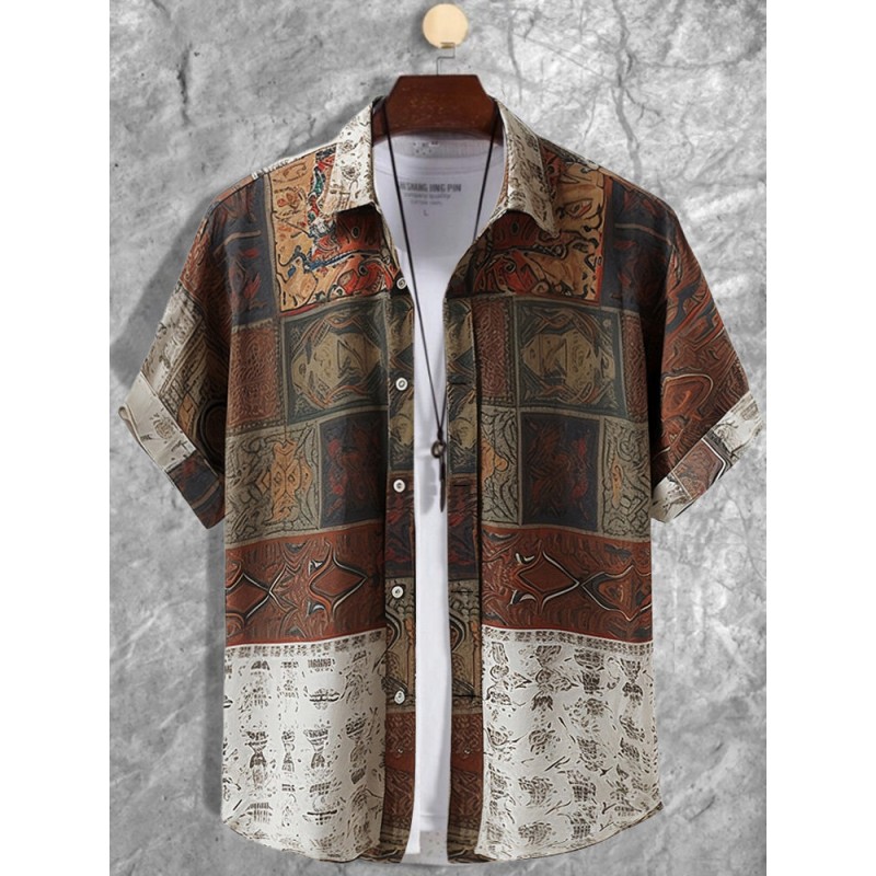 Mens Ethnic Tribal Totem Print Lapel Short Sleeve Shirts