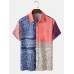 Mens Ethnic Vintage Floral Print Color Block Short Sleeve Shirts