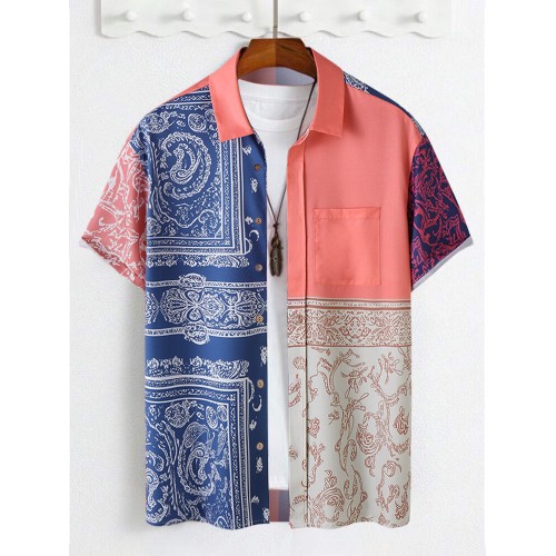 Mens Ethnic Vintage Floral Print Color Block Short Sleeve Shirts