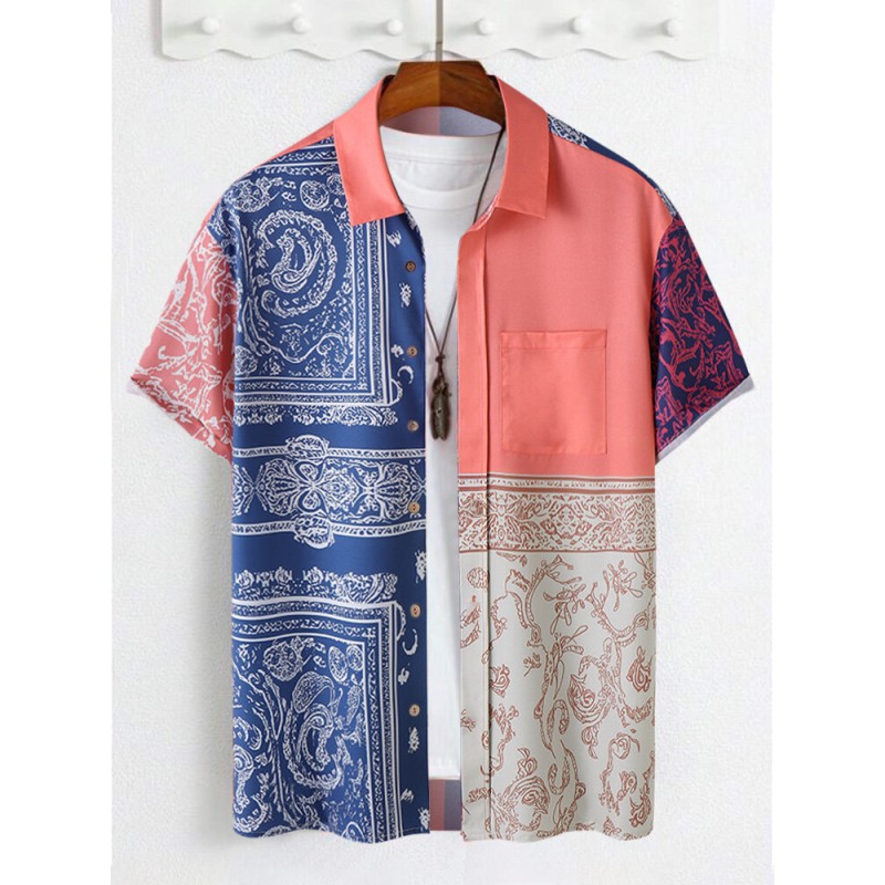 Mens Ethnic Vintage Floral Print Color Block Short Sleeve Shirts