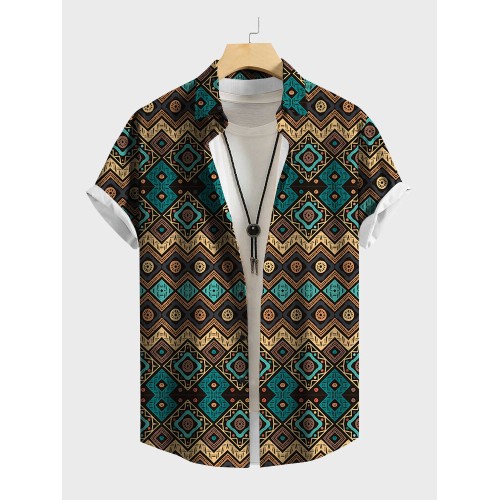 Mens Ethnic Vintage Geometric Print Lapel Short Sleeve Shirts