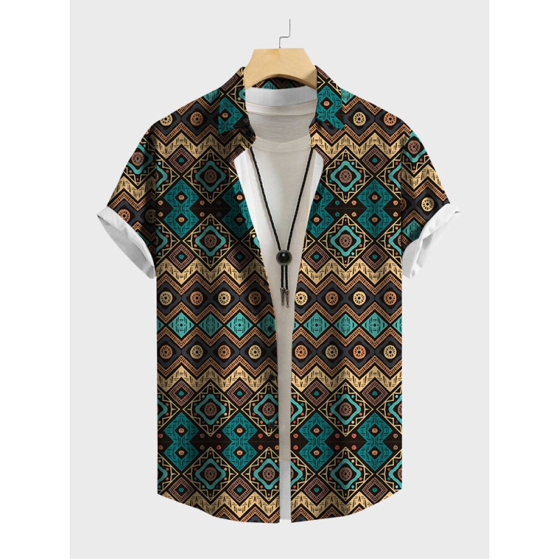Mens Ethnic Vintage Geometric Print Lapel Short Sleeve Shirts