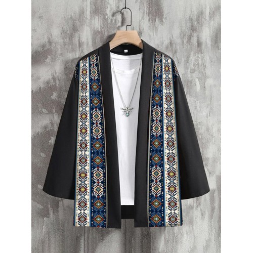 Mens Ethnic Vintage Geometric Print Patchwork Loose 3/4 Sleeve Kimono
