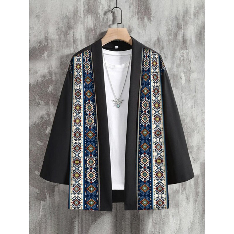 Mens Ethnic Vintage Geometric Print Patchwork Loose 3/4 Sleeve Kimono