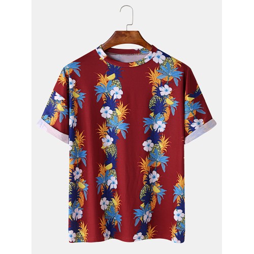 Mens Fashion Floral Printing Crew Neck Breathable Short Sleeve Casual T-Shirts