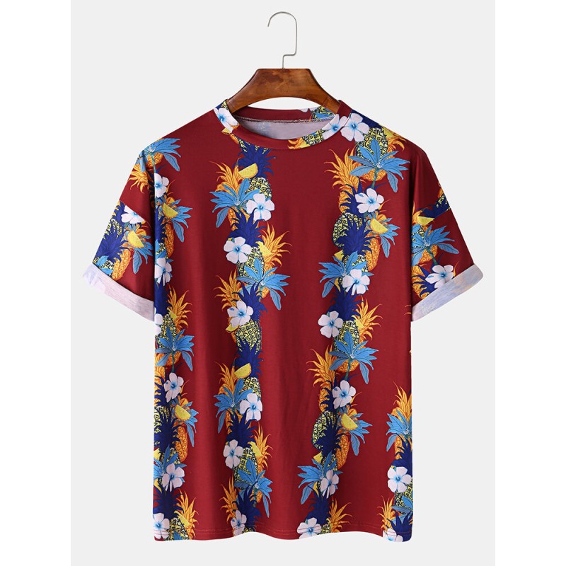 Mens Fashion Floral Printing Crew Neck Breathable Short Sleeve Casual T-Shirts