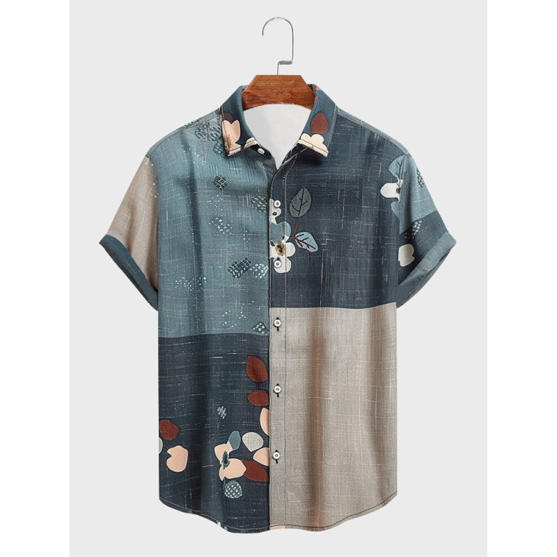 Mens Floral Print Patchwork Lapel Short Sleeve Shirts