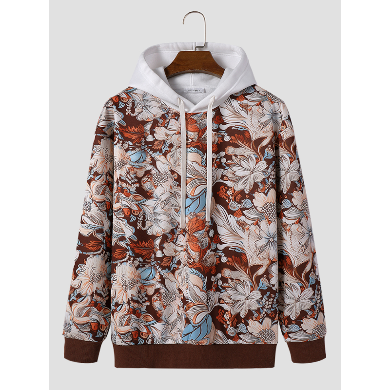 Mens Floral Print Vacation Long Sleeve Drawstring Hoodies