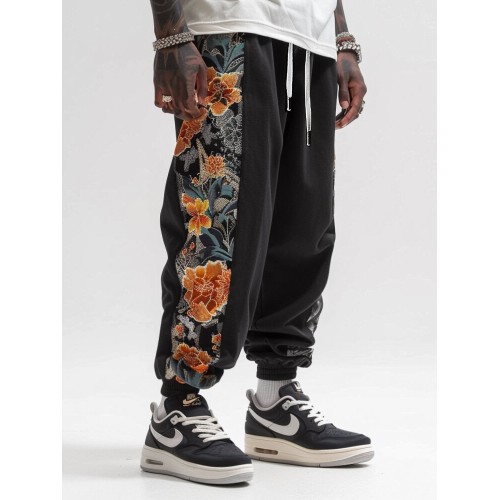 Mens Floral Side Print Patchwork Loose Drawstring Waist Pants