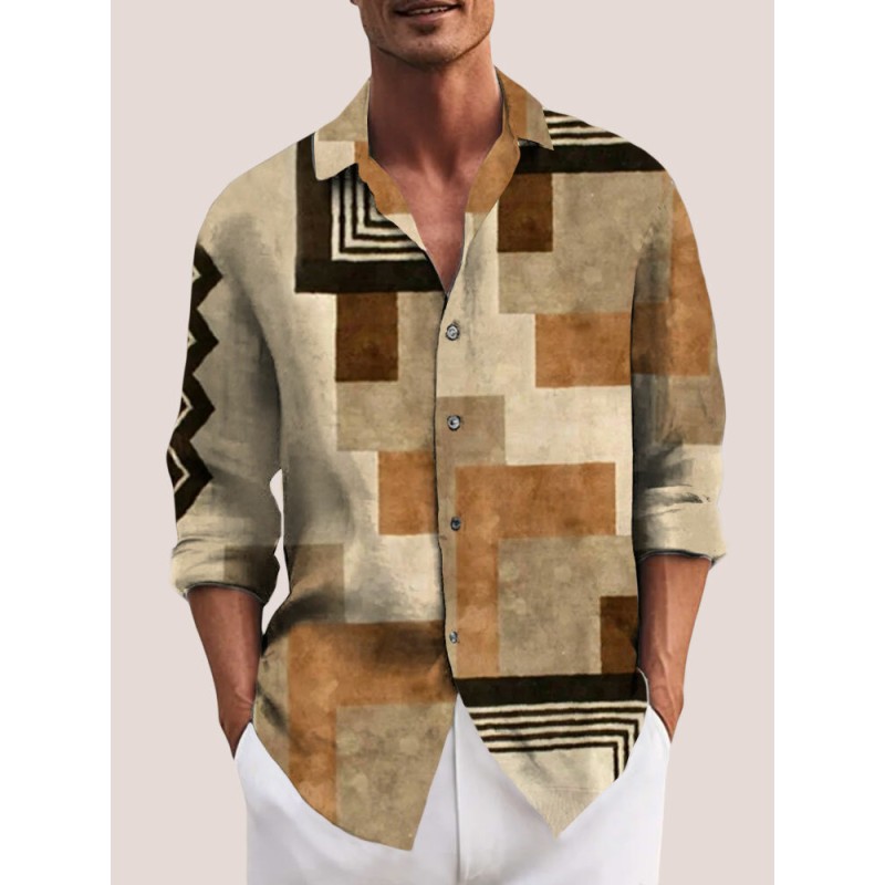 Mens Geometric Color Block Lapel Casual Long Sleeve Shirts