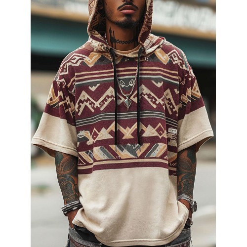 Mens Geometric Ethnic Pattern Hooded Short Sleeve T-Shirts