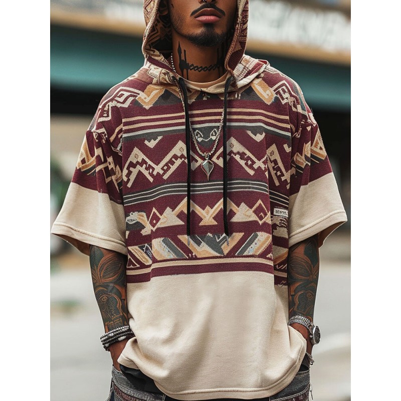 Mens Geometric Ethnic Pattern Hooded Short Sleeve T-Shirts